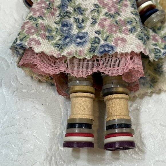 Handmade Standing Button Wooden Blonde Curly Haired Doll 5" - Picture 3 of 10